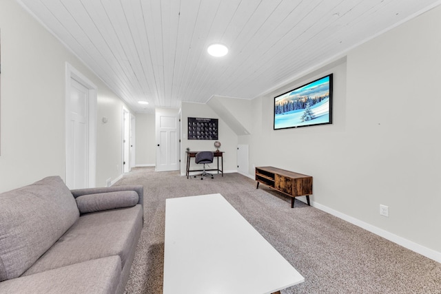 living room with carpet floors and wood ceiling