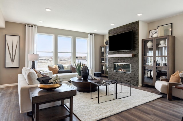 living room featuring dark hardwood / wood-style floors and a stone fireplace