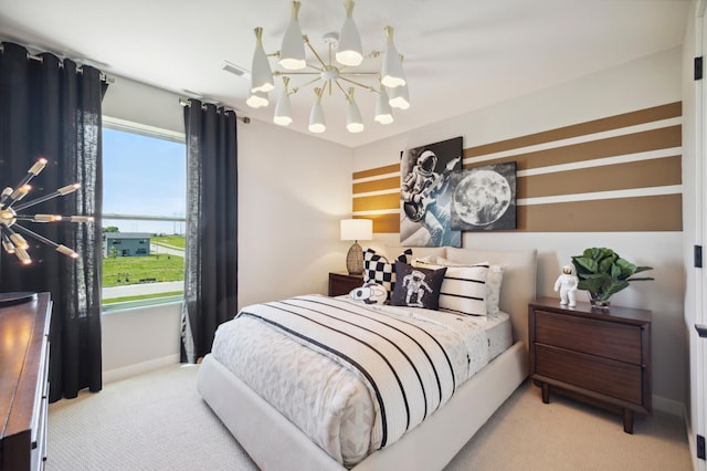 carpeted bedroom with a notable chandelier and radiator heating unit