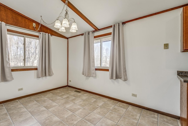 tiled spare room featuring vaulted ceiling with beams and a chandelier