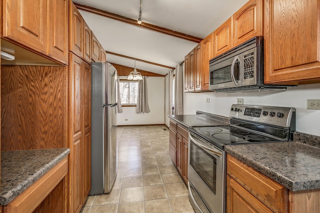 kitchen with vaulted ceiling with beams, an inviting chandelier, light tile patterned floors, appliances with stainless steel finishes, and pendant lighting