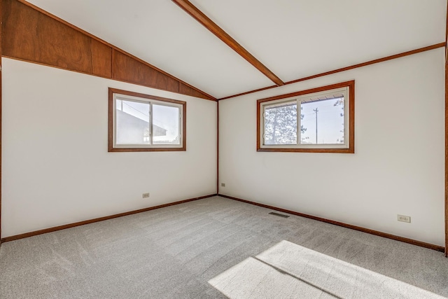 spare room featuring lofted ceiling, carpet flooring, and a wealth of natural light