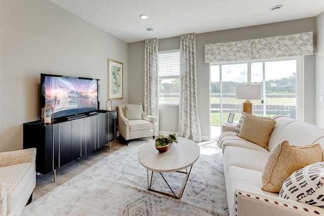 living room with light hardwood / wood-style flooring