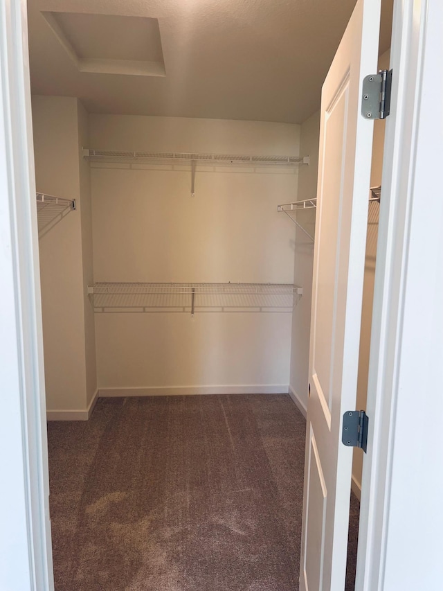 walk in closet featuring dark carpet