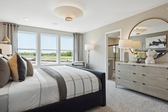 bedroom with light colored carpet