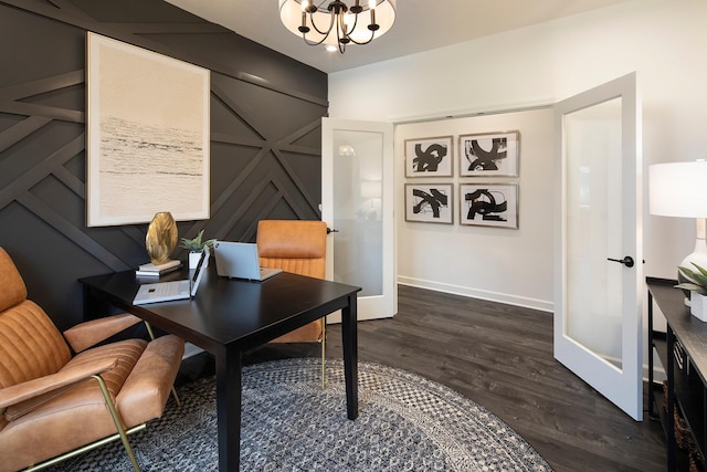 office area featuring a notable chandelier, dark hardwood / wood-style flooring, and french doors