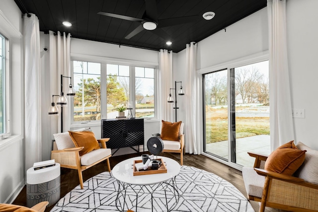 sunroom / solarium featuring plenty of natural light and wooden ceiling