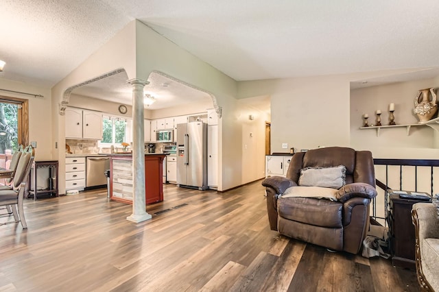 11132 100th Pl N, Maple Grove, MN 55369 - living area featuring ornate columns and dark wood finished floors