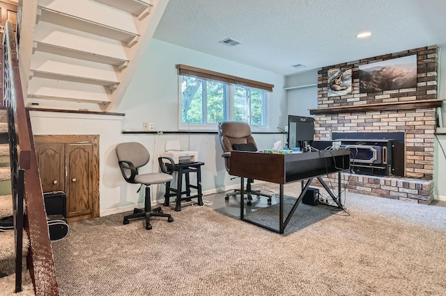 11132 100th Pl N, Maple Grove, MN 55369 - office featuring carpet flooring, a brick fireplace, a textured ceiling, and recessed lighting