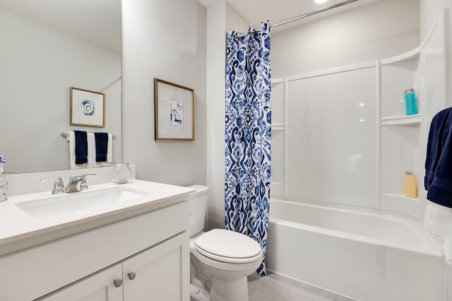 full bathroom with vanity, shower / bath combination with curtain, and toilet