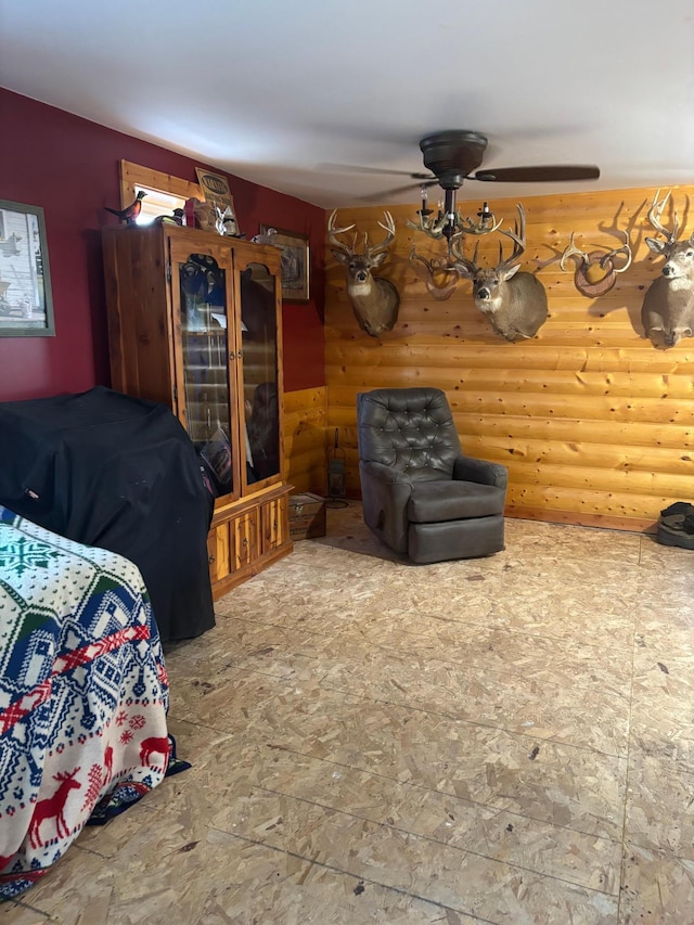 bedroom featuring log walls