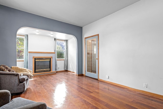 990 Virginia St, Saint Paul, MN 55117 - living room featuring healthy amount of natural light, wood finished floors, a glass covered fireplace, and arched walkways