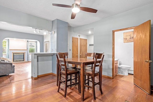 990 Virginia St, Saint Paul, MN 55117 - dining area with light wood-type flooring, a ceiling fan, a baseboard heating unit, rail lighting, and a glass covered fireplace