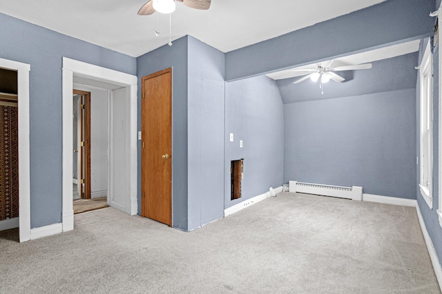 990 Virginia St, Saint Paul, MN 55117 - unfurnished bedroom featuring a baseboard heating unit, carpet, lofted ceiling, and ceiling fan