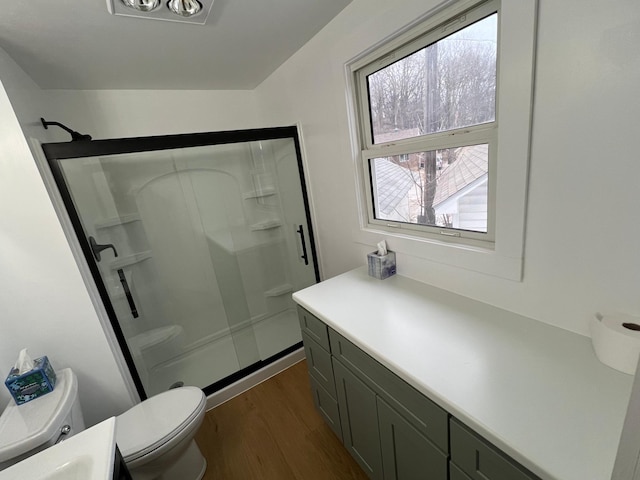 bathroom featuring vanity, toilet, a shower with shower door, and hardwood / wood-style floors