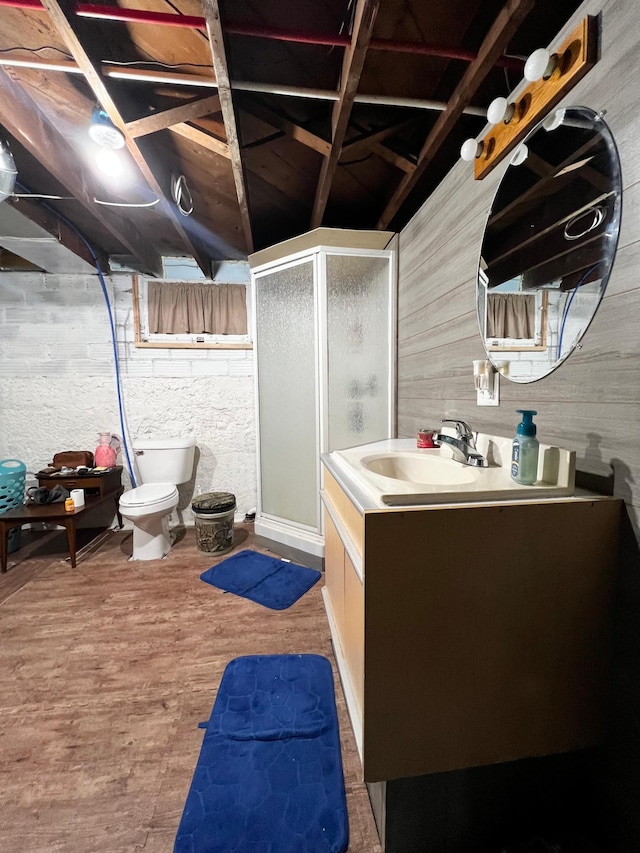 bathroom featuring vanity, toilet, a shower with door, and wood-type flooring