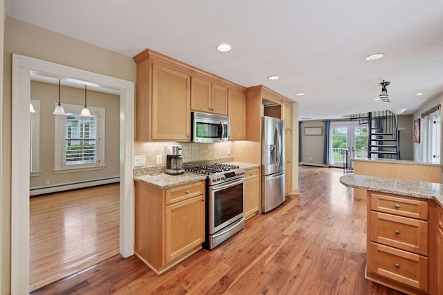 3685 Watertown Rd, Orono, MN 55359 - kitchen with appliances with stainless steel finishes, a baseboard heating unit, light wood-style floors, tasteful backsplash, and recessed lighting