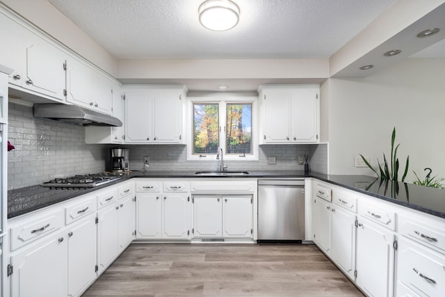 kitchen with light wood-type flooring, stainless steel appliances, sink, and white cabinets