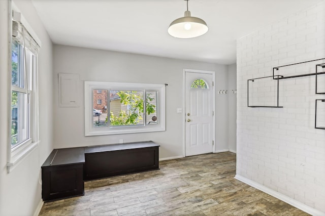 entryway featuring brick wall, a healthy amount of sunlight, and light hardwood / wood-style floors