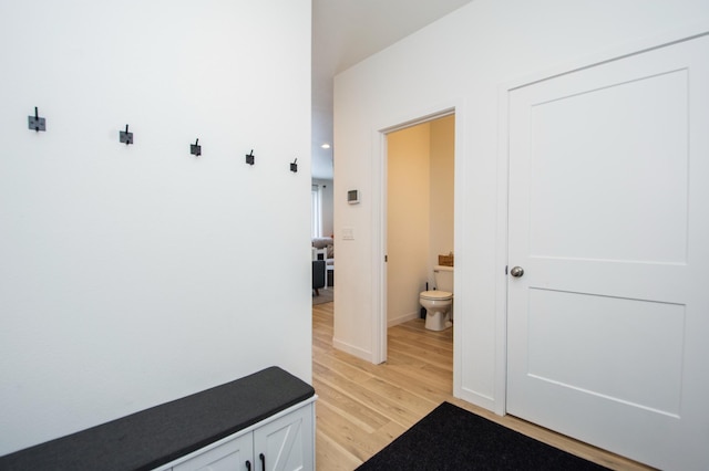 mudroom with light hardwood / wood-style flooring