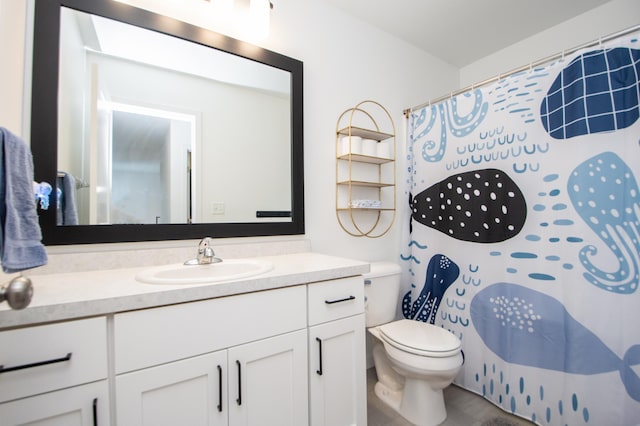 bathroom featuring vanity, toilet, and walk in shower