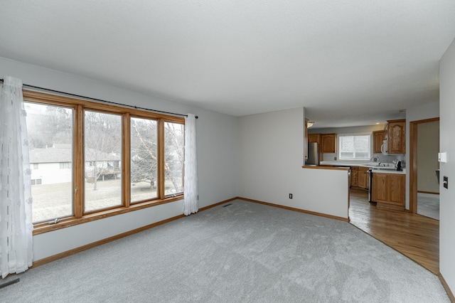 unfurnished living room featuring light carpet