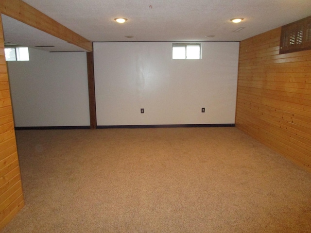 basement featuring carpet floors and wooden walls