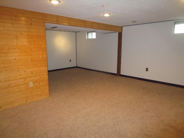 basement with wooden walls and carpet floors