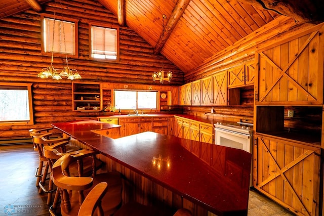 kitchen with plenty of natural light, high vaulted ceiling, wood ceiling, and an inviting chandelier