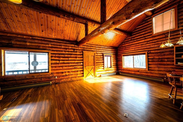 unfurnished living room featuring beamed ceiling, wood-type flooring, high vaulted ceiling, and baseboard heating