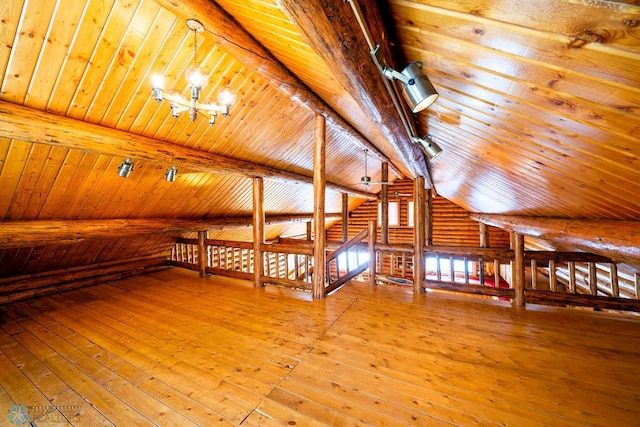 additional living space featuring vaulted ceiling with beams, rustic walls, hardwood / wood-style floors, and wooden ceiling