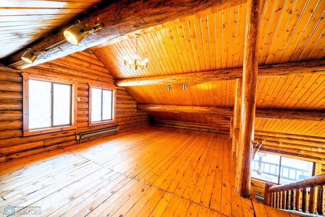 bonus room featuring wood-type flooring, vaulted ceiling with beams, log walls, and wood ceiling