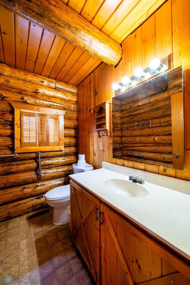 bathroom with log walls, wooden ceiling, beam ceiling, and toilet