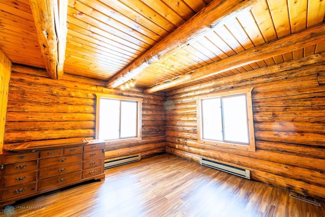 unfurnished bedroom with baseboard heating, log walls, beam ceiling, and hardwood / wood-style floors