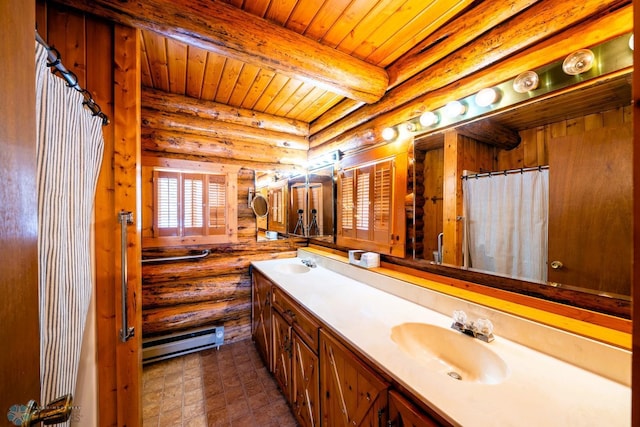 bathroom with baseboard heating, a shower with shower curtain, vanity, wooden ceiling, and beamed ceiling