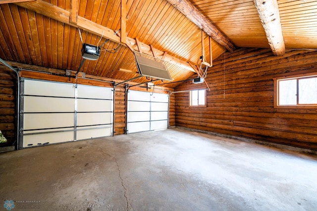 garage with a garage door opener and wood ceiling