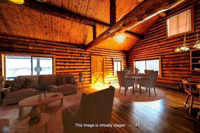 living room featuring beam ceiling, hardwood / wood-style flooring, a wealth of natural light, and high vaulted ceiling