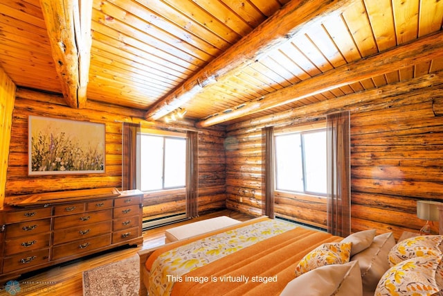 bedroom featuring multiple windows, wood ceiling, baseboard heating, and light hardwood / wood-style flooring