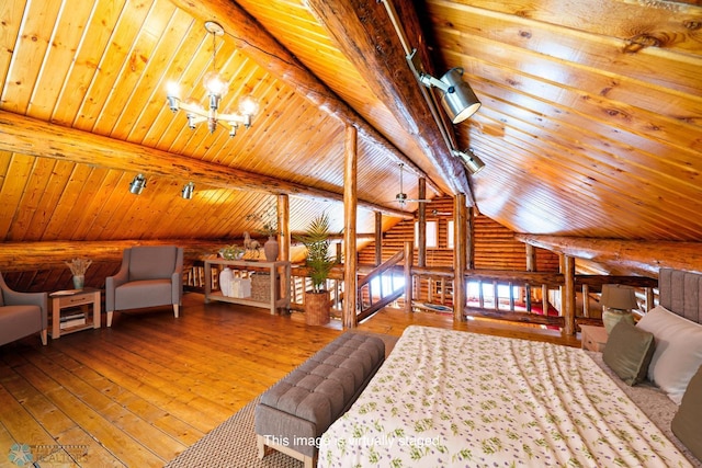 bedroom with hardwood / wood-style flooring, wood ceiling, log walls, and lofted ceiling with beams