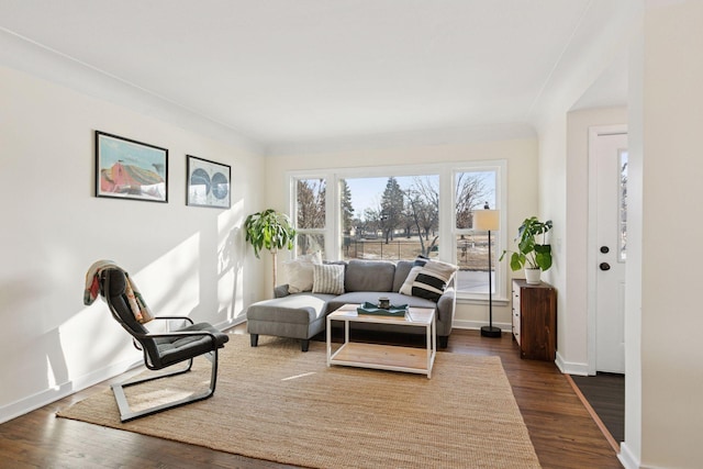 living area with baseboards and dark wood finished floors