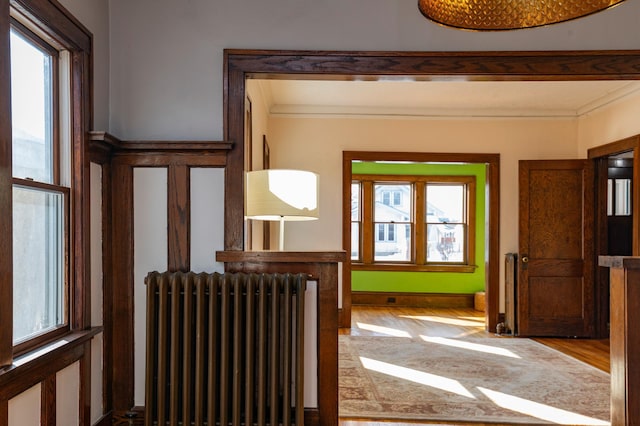 entryway with radiator heating unit, ornamental molding, and wood finished floors