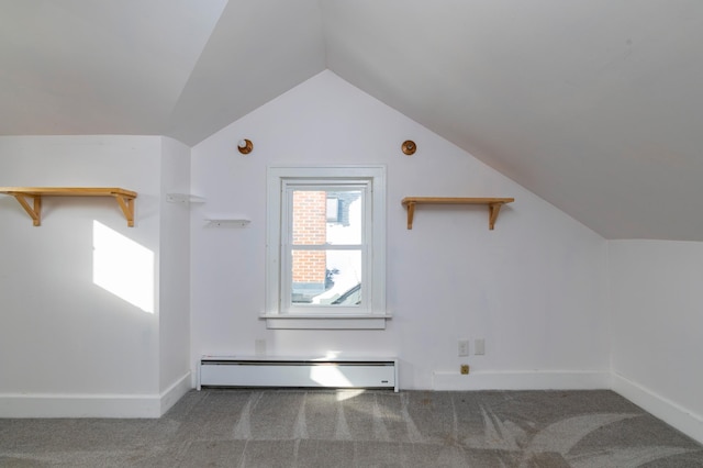 bonus room with vaulted ceiling, carpet floors, a baseboard radiator, and baseboards