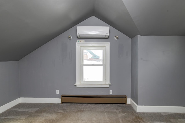 additional living space featuring lofted ceiling, a baseboard heating unit, an AC wall unit, and carpet flooring