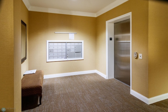 hallway featuring ornamental molding, elevator, carpet flooring, and mail boxes