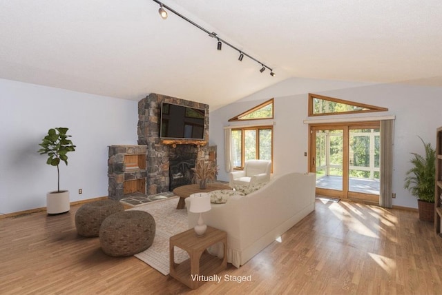 living room with lofted ceiling, a fireplace, and wood-type flooring