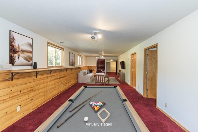 playroom with billiards and dark colored carpet