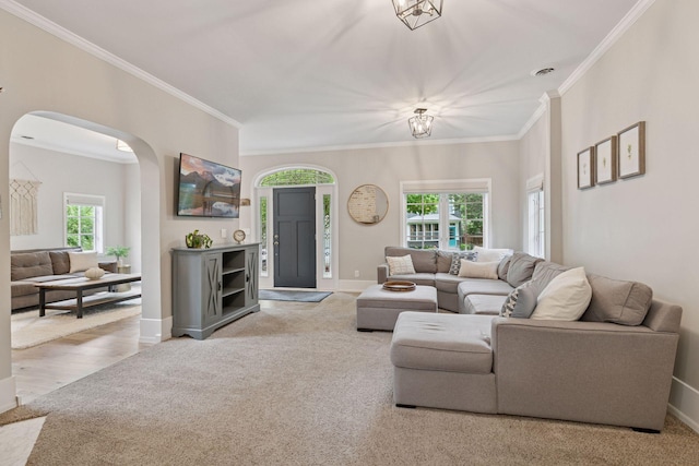 1989 Iglehart Ave, Saint Paul, MN 55104 - living room featuring arched walkways, carpet floors, plenty of natural light, baseboards, and ornamental molding