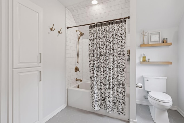 1989 Iglehart Ave, Saint Paul, MN 55104 - bathroom with shower / bath combination with curtain, tile patterned flooring, toilet, and baseboards