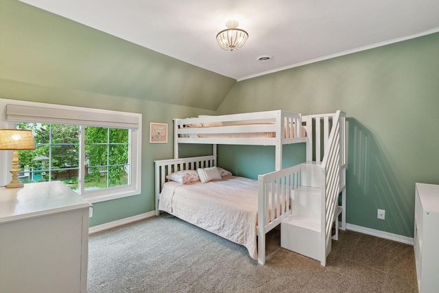 1989 Iglehart Ave, Saint Paul, MN 55104 - bedroom with carpet floors, baseboards, crown molding, lofted ceiling, and a chandelier