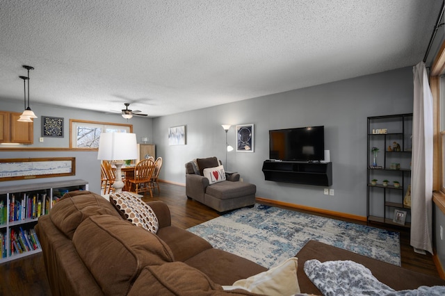 living room with wood finished floors, baseboards, and a textured ceiling